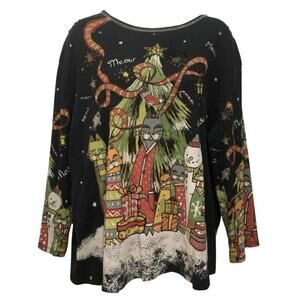 Jess & Jane 2X Christmas Cats Holiday Top Rhinestone Y2K USA Made